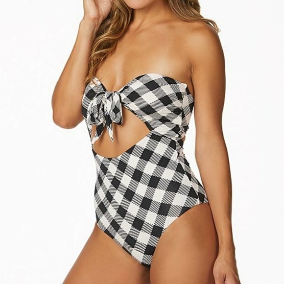 NWOT Radio Fiji‎ Zanzibar One Piece Cutout Swimsuit S Black Beige Check Swim NEW - Picture 1 of 12